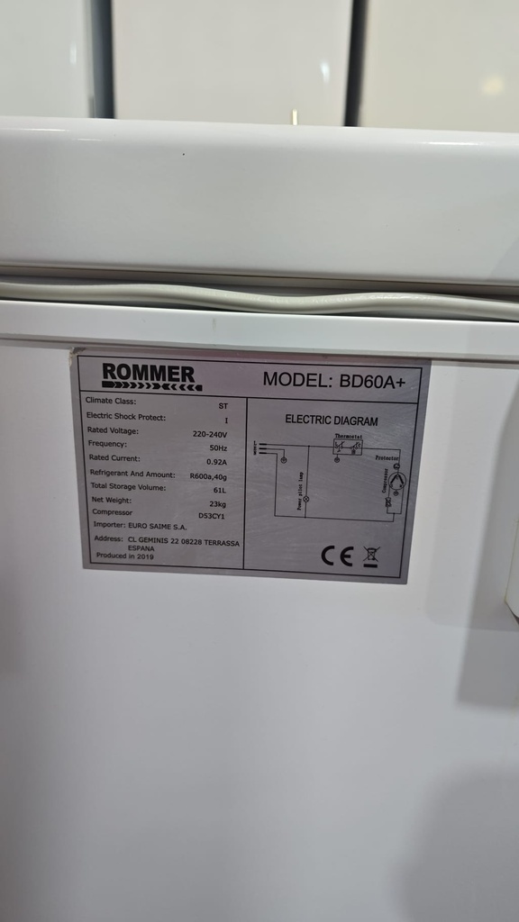 B0886333 CONGELADOR ROMMER 50 ANCHO X 53 FONDO X 85 ALTO MOD: BD60A+