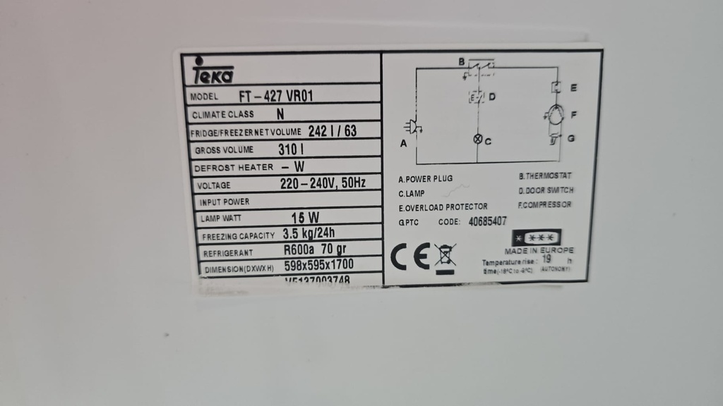 R391069 FRIGORIFICO 170X60 TEKA BLANCO 