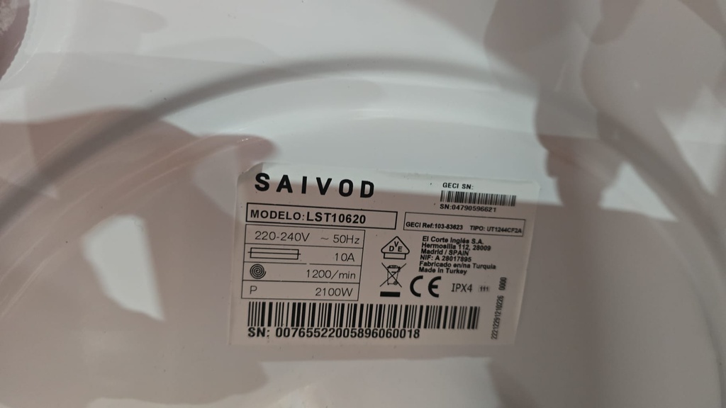 00765522005896060018 LAVADORA 6 KG SAIVOD MOD. LST10620 BLANCA 1200 RPM 