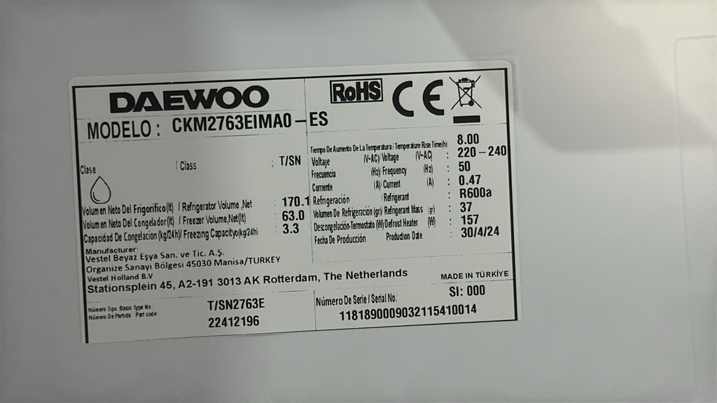 CKM2763EIMA0-ES FRIGORÍFICO COMBI PANELABLE 177X54 CM DAEWOO NO FROST
