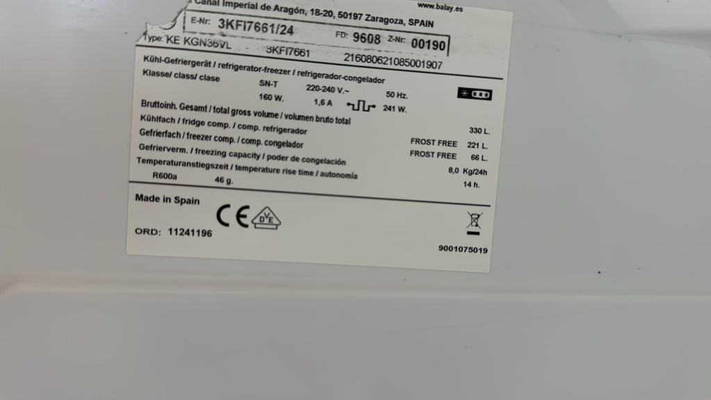 3KFI7661/24 FRIGORÍFICO COMBI 185X60 CM BALAY OPTIMA NO FROST INOXIDABLE