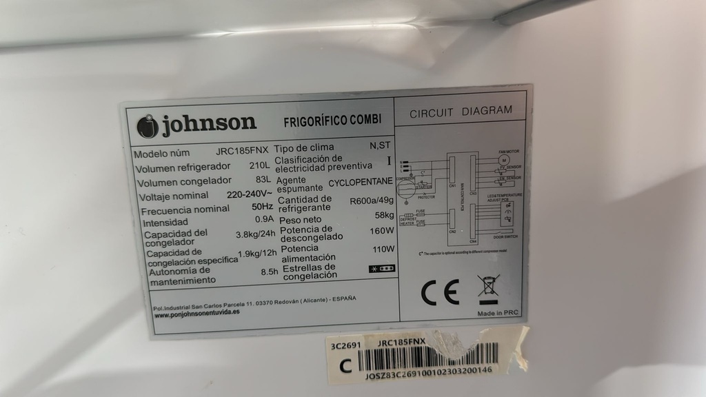 JRC185FNX FRIGORÍFICO COMBI 185X60 CM JOHNSON INOXIDABLE NO FROST 
