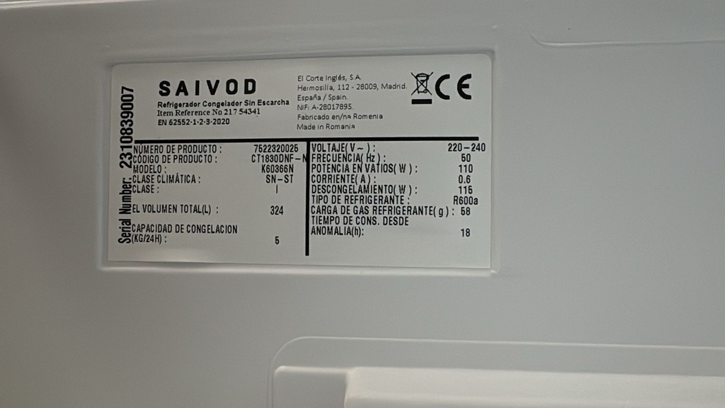 K60366N FRIGORÍFICO COMBI 185X60 CM SAIVOD NO FROST BLANCO CON TARA