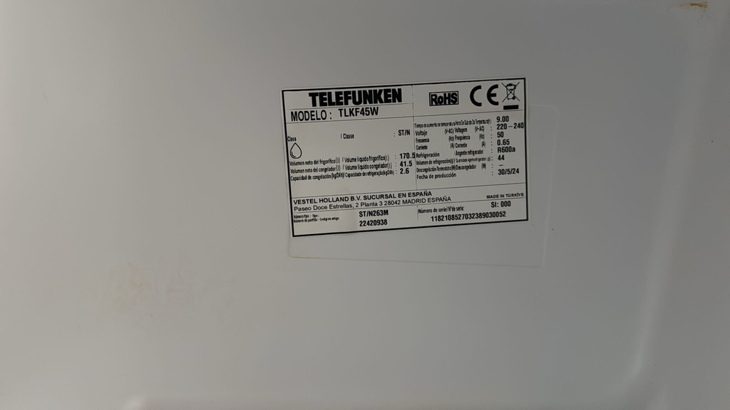 TLKF45W FRIGORÍFICO 144X55 CM TELEFUNKEN CÍCLICO BLANCO