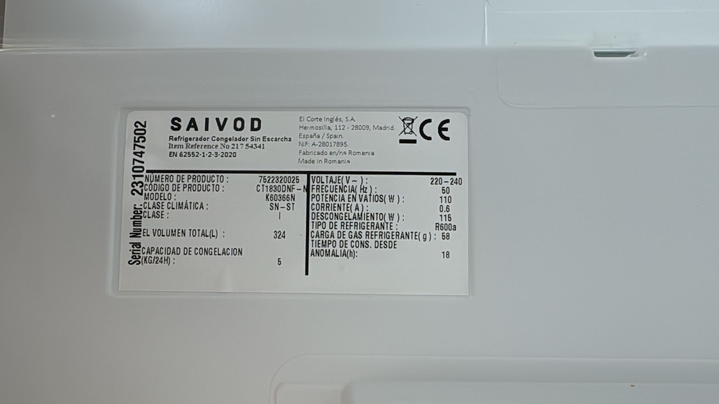 K60366N FRIGORÍFICO COMBI 185X60 CM SAIVOD NO FROST BLANCO