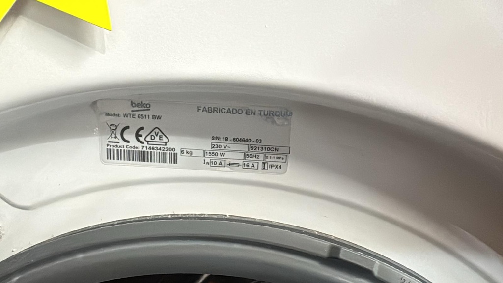 WTE6511BW LAVADORA 6 KG BEKO A+++ 1000 RPM BLANCA CON LAVADO RÁPIDO