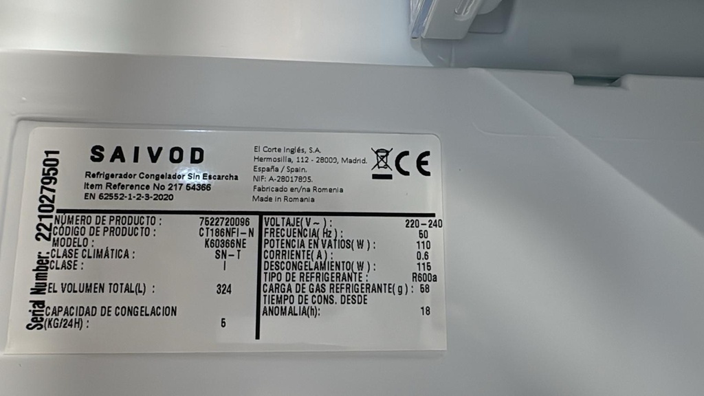 K60366NE FRIGORÍFICO COMBI 185X60 CM SAIVOD NO FROST INOXIDABLE CON DISPLAY FRONTAL