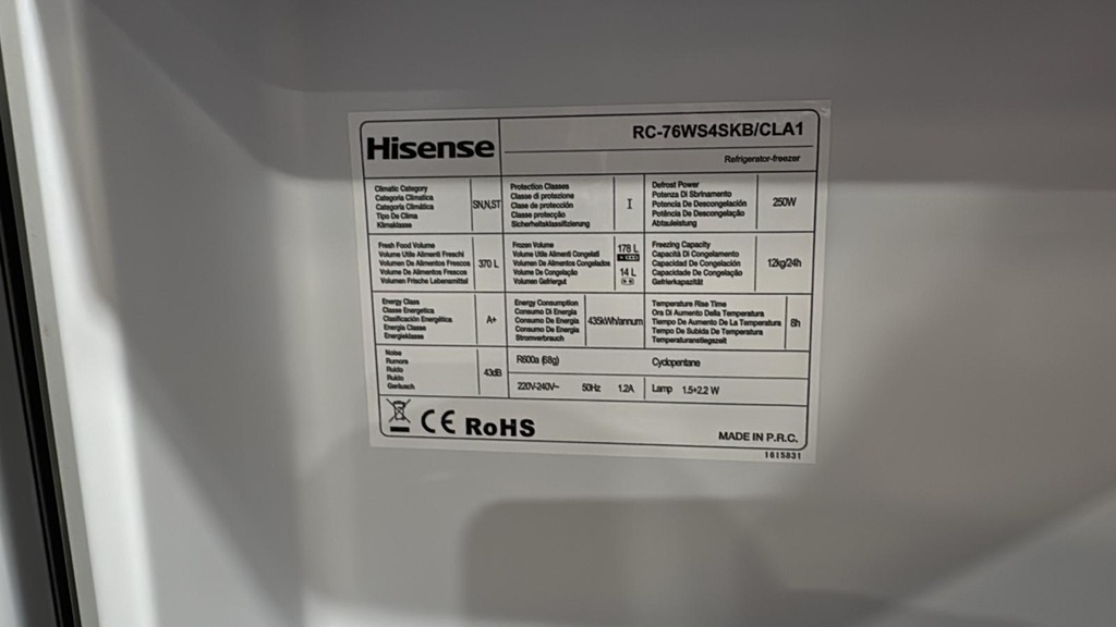 RC-76WS4SKB/CLA1 FRIGORÍFICO AMERICANO 178X91 CM HISENSE TOTAL NO FROST INOXIDABLE 