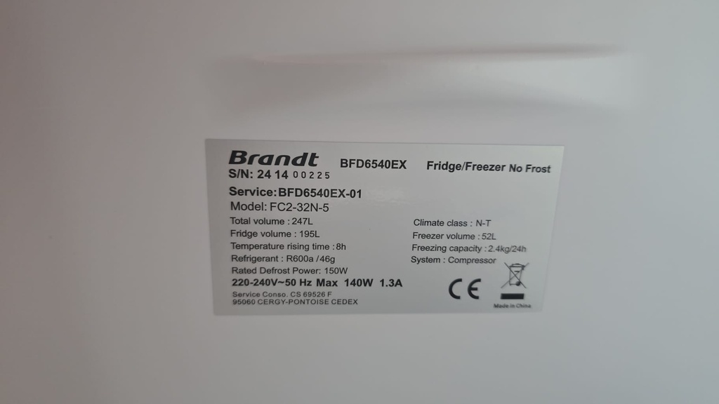 BFD6540EX-01 FRIGORÍFICO 166X55 CM BRANDT NO FROST INOXIDABLE 