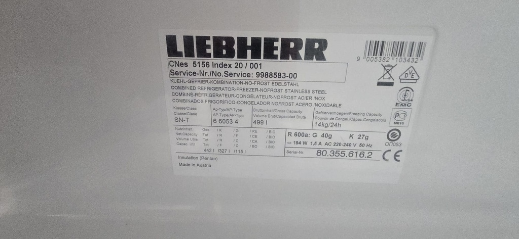 998858300 FRIGORIFICO COMBI 200X70 LIEBHERR ACERO INOX NO FROST 