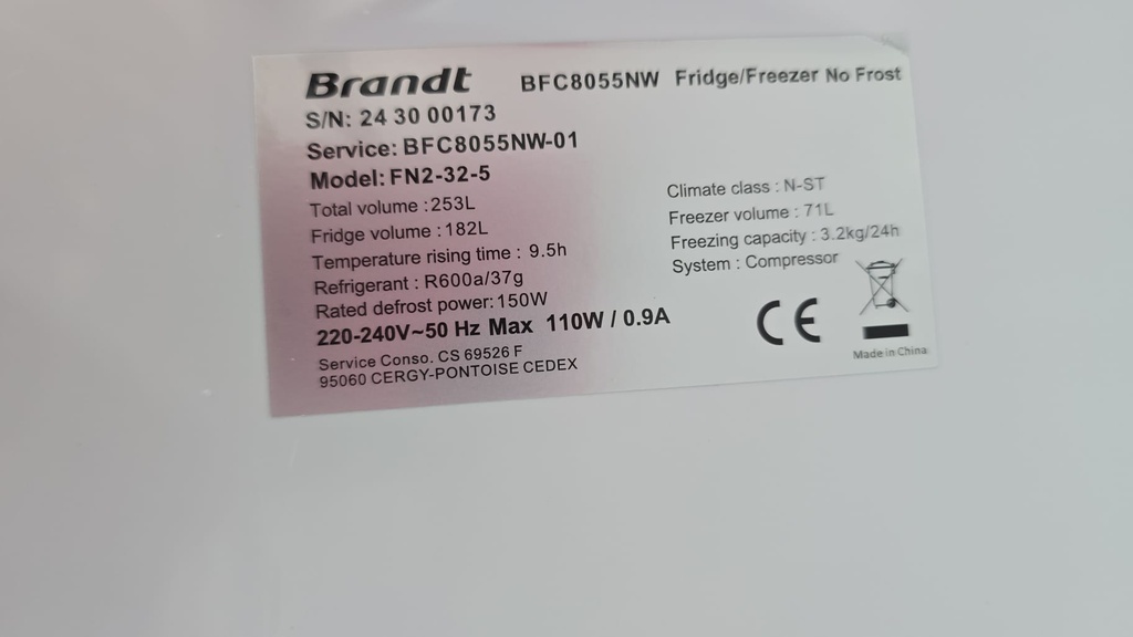 FRIGORIFICO COMBI 180X55 CM BRANDT BLANCO NO FROST MOD. BFC8055NW