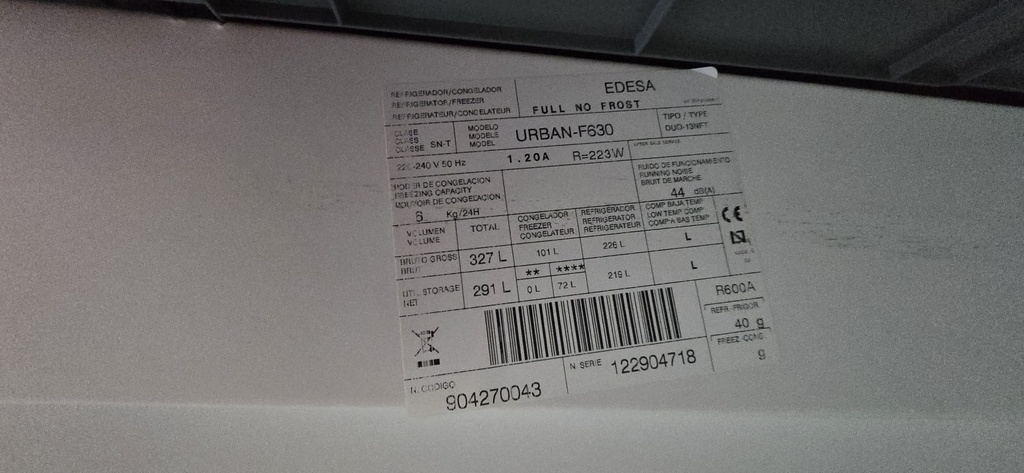 FRIGORIFICO COMBI 185X60 EDESA INOX. MOD. URBANF630