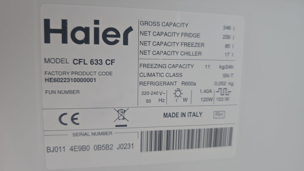 FRIGORIFICO COMBI 188X60 HAIER ACERO INOX MODELO CFL633CF