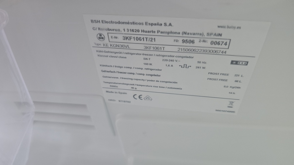 FRIGORIFICO COMBI 185X60 BALAY BLANCO MODELO 3KF1061T