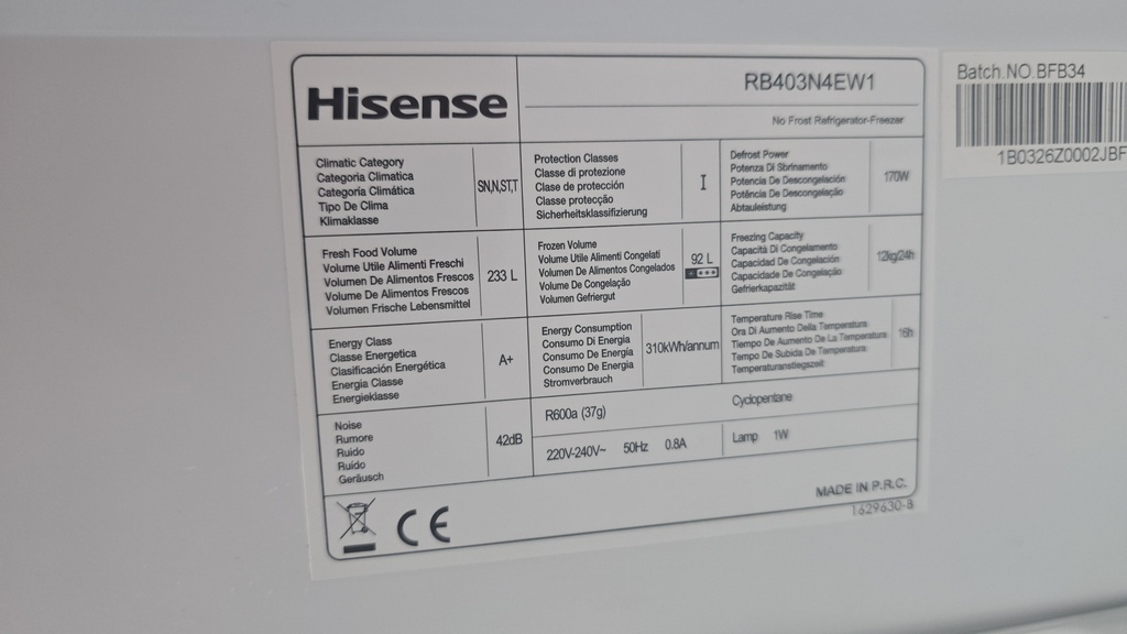 FRIGORIFICO COMBI 185X60 HISENSE BLANCO NO FROST MODELO RB403N4EW1