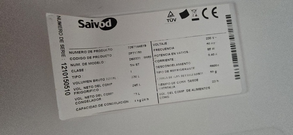 FRIGORIFICO 170X60 SAIVOD BLANCO MOD. D60331 