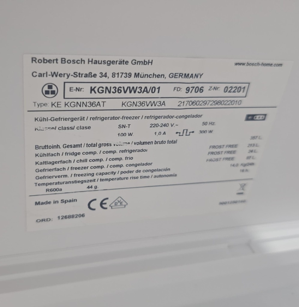 FRIGORIFICO COMBI 185X60 BOSCH BLANCO NO FROST MOD. KGN36VW3A
