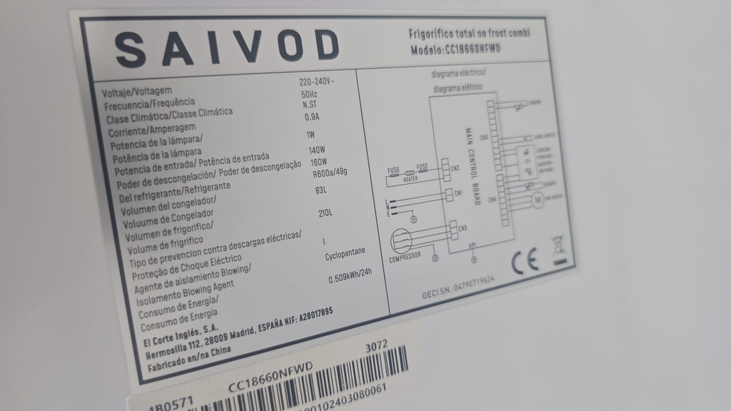 FRIGORIFICO COMBI 185X60 CM SAIVOD BLANCO NO FROST MOD. CC18660NFWD