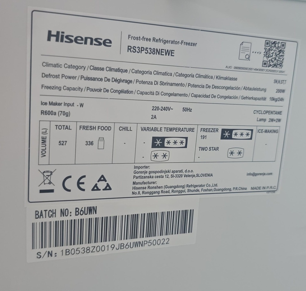 AMERICANO HISENSE 180X90 CM BLANCO MOD. RS3P538NEWE