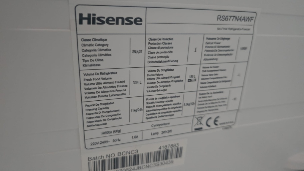 FRIGORIFICO AMERICANO HISENSE 178X90 BLANCO MODELO RS677N4AWF