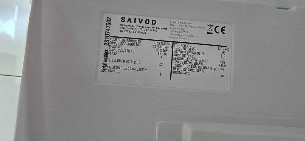 FRIGORIFICO COMBI 185X60 CM SAIVOD MODELO K60366N